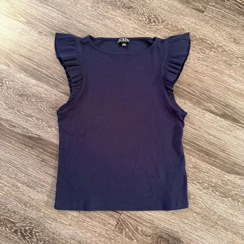 J. Crew Navy Ribbed Ruffle Sleeve Top - Picture 1 of 5